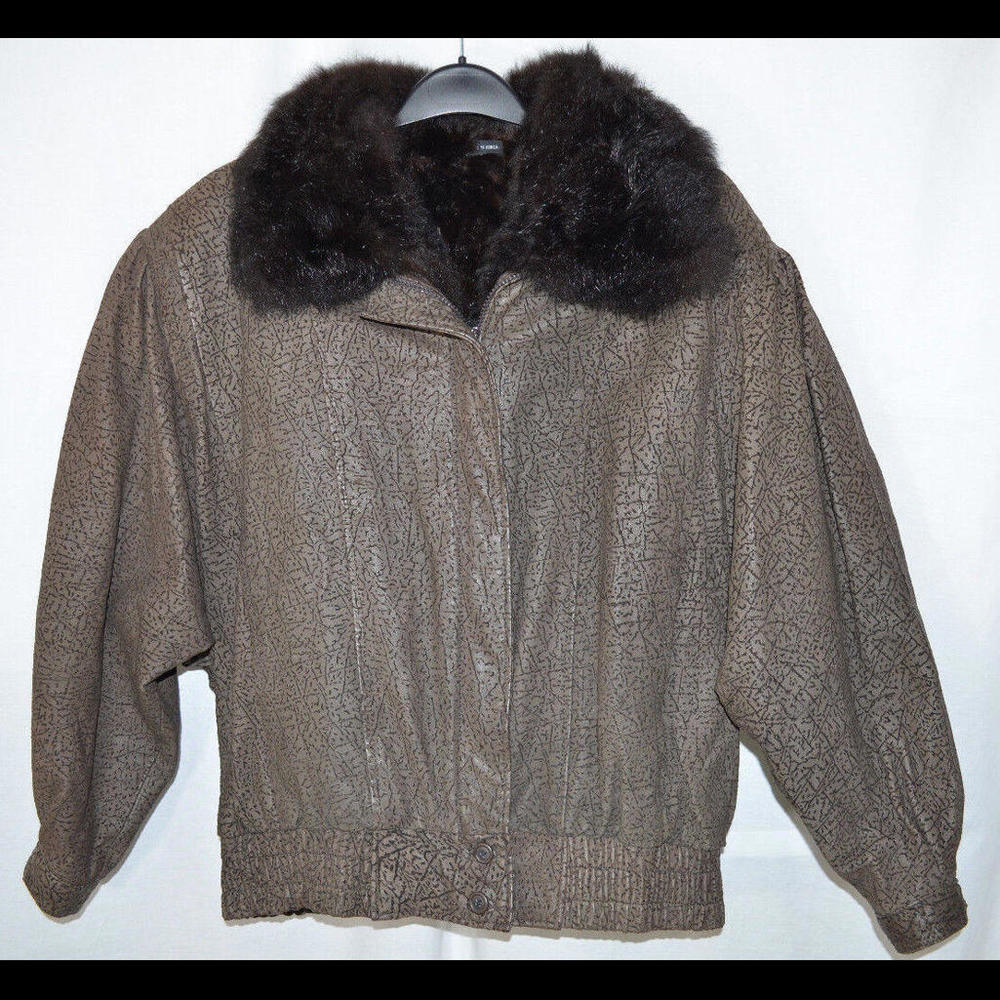 Leather Bomber Jacket Zip-Out Opossum Fur Lining Vest Brown Pattern Women's L